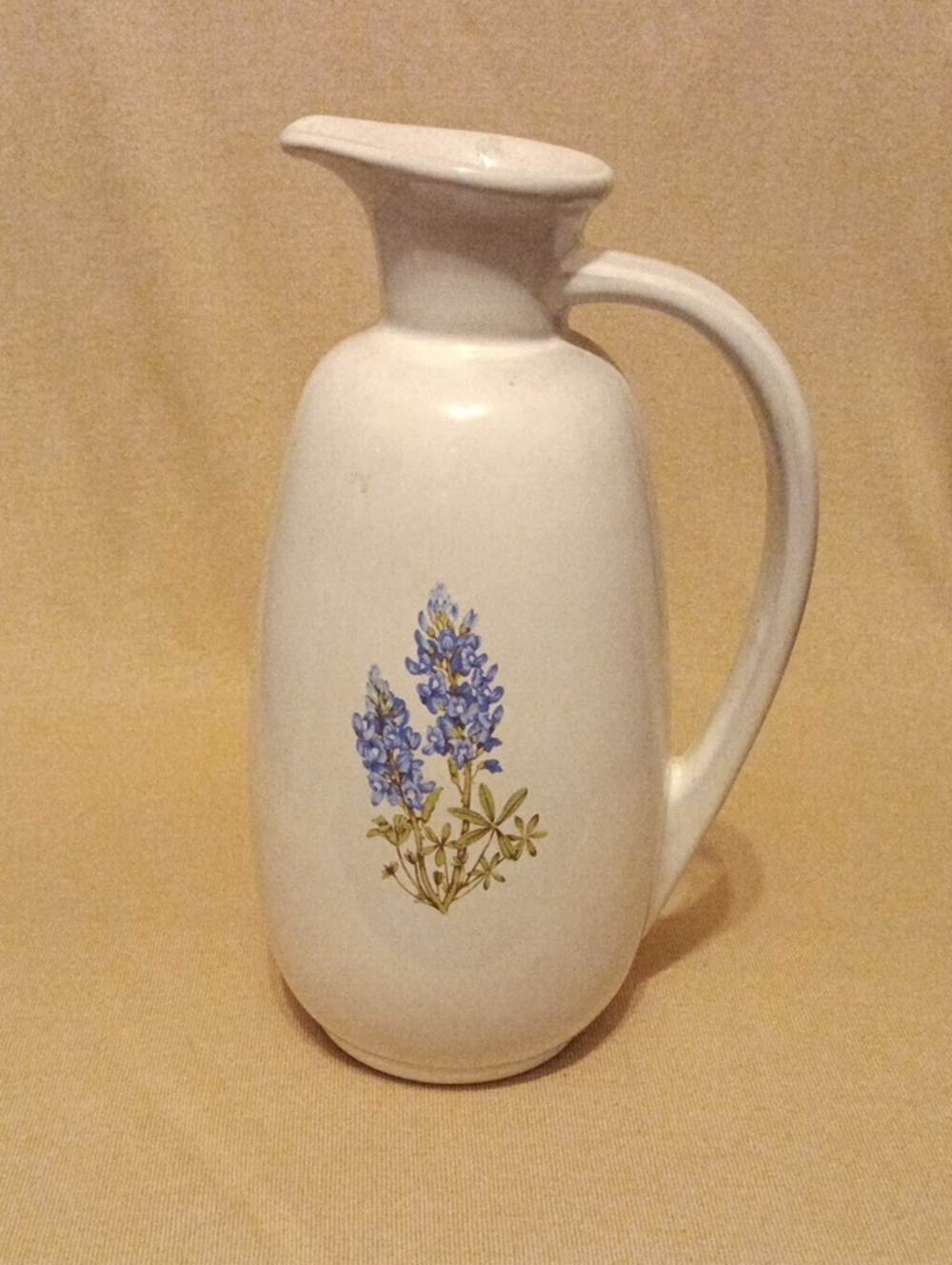 Frankoma White Ceramic Pitcher with Bluebonnet Floral Decor